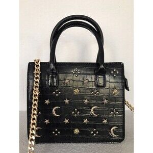 Like Dreams Black Gold Faux Leather Moon Stars Crossbody Handbag Purse
